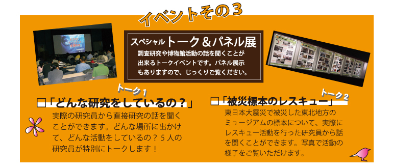 イベントその3 スペシャルトーク&パネル展 調査研究や博物館活動の話を聞くことが出来るトークイベントです。パネル展示もありますので、じっくりご覧ください。トーク1「どんな研究をしているの?」トーク2「被災標本のレスキュー」