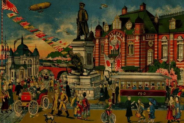 東京名所之内 萬世橋停車場及広瀬中佐杉野兵曹銅像之真景圖