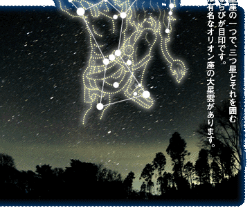 冬（オリオン座）冬を代表する星座の一つで、三つ星とそれを囲む長方形の星のならびが目印です。三つ星の下には有名なオリオン座の　　大星雲があります。