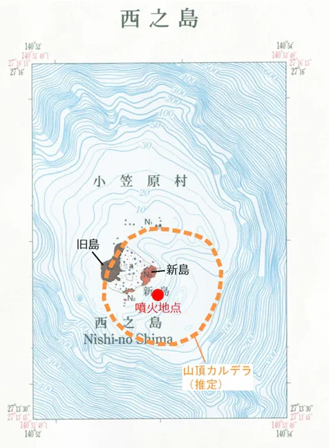 2013年11月の噴火地点と山頂カルデラ火口の推定