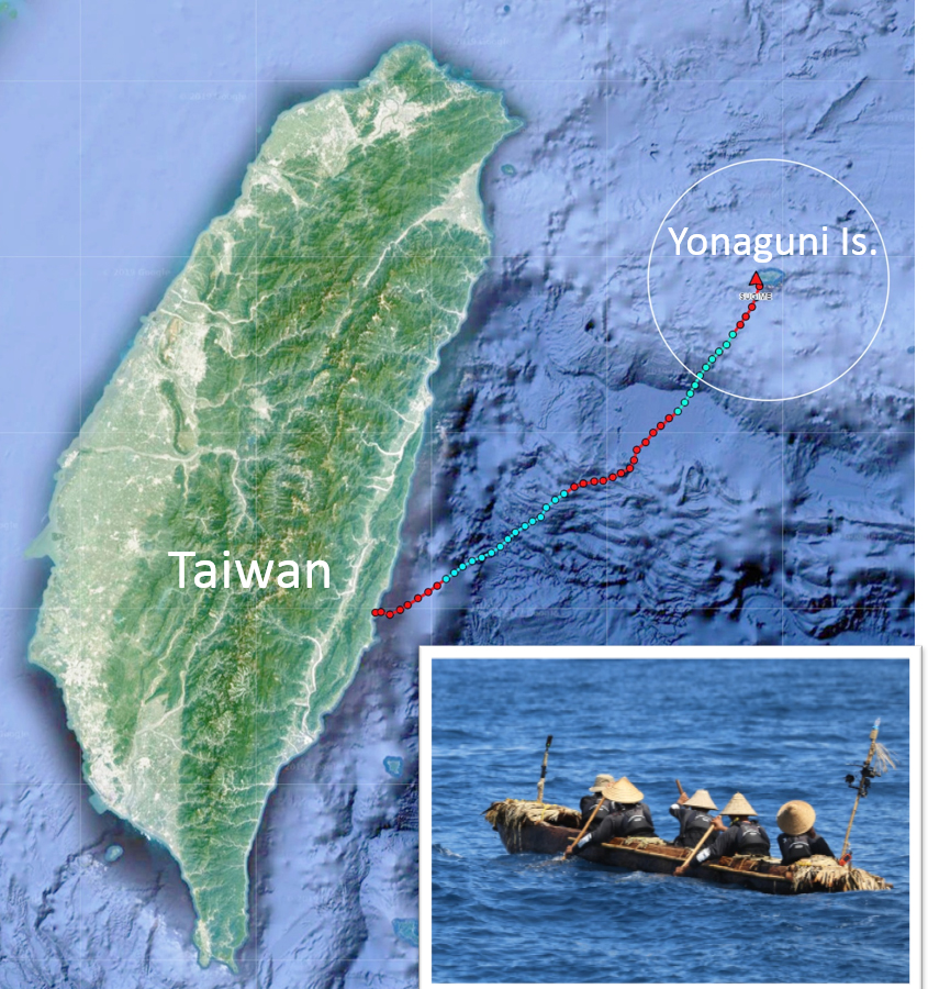 Track of the logboat colored by day (red) and night (light blue). The circle indicates the area from where the Yonaguni Is is visible from the boat when the weather is good.