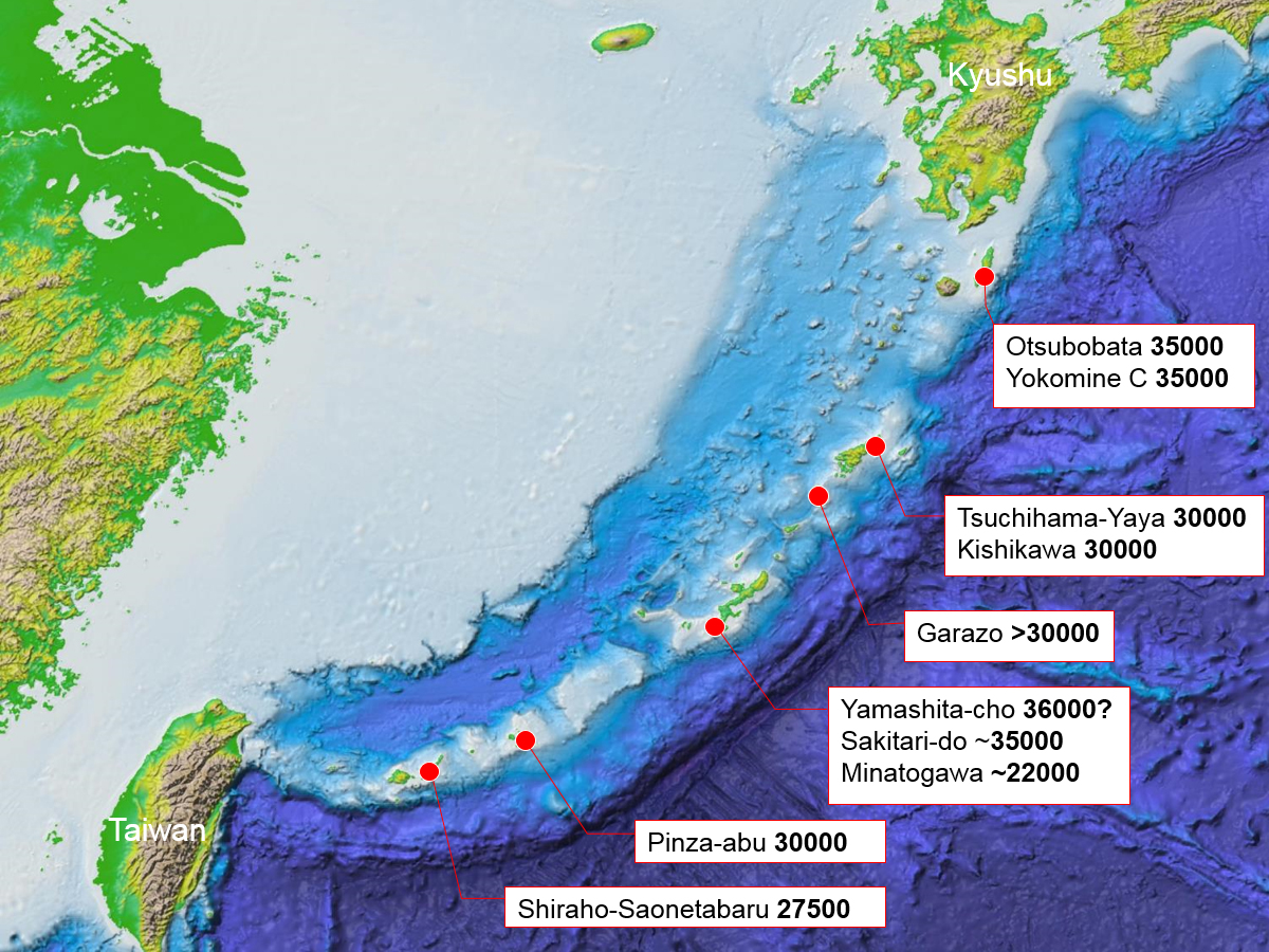 Major Palaeolithic sites of the Ryukyu Islands. The numerals indicate ages (years ago).