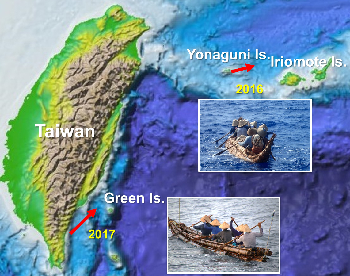 Results of the test voyages we made in 2016 (reed-bundle raft) and 2017 (bamboo raft). These watercrafts failed to reach their goals (Iriomote Is and Green Is, respectively).
