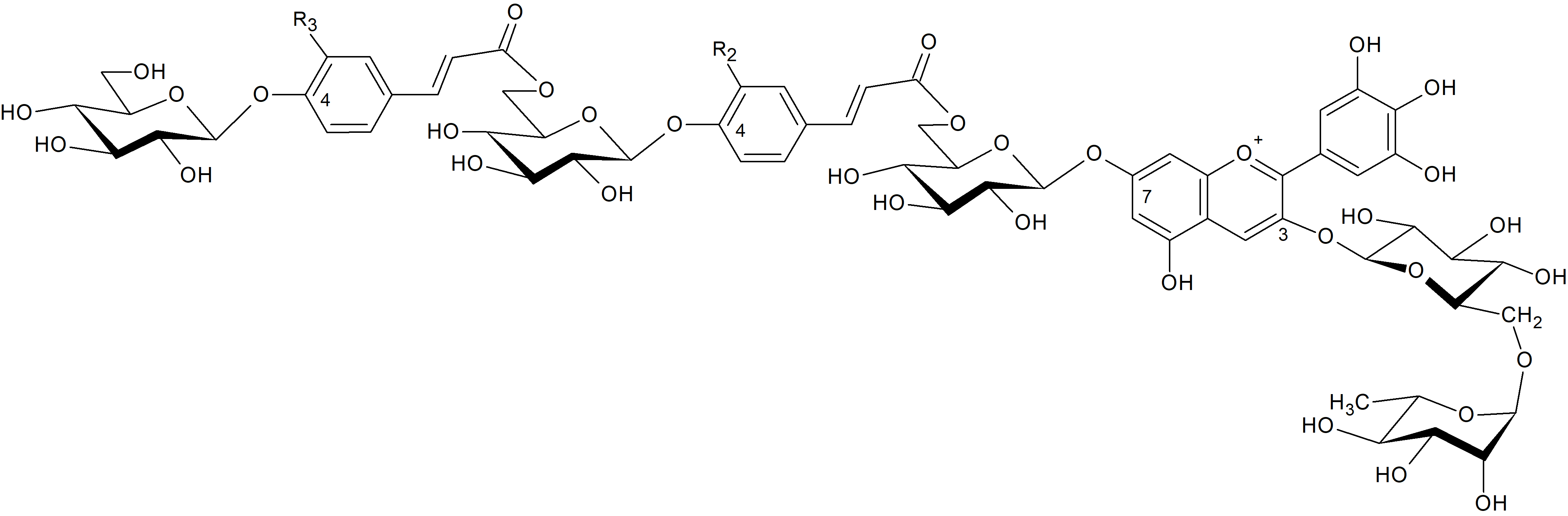 Delphinidin 3-O-rutinoside-7-O-[6-(4-[6-(4-glucosylcaffeyl)glucosyl]caffeyl)glucoside]