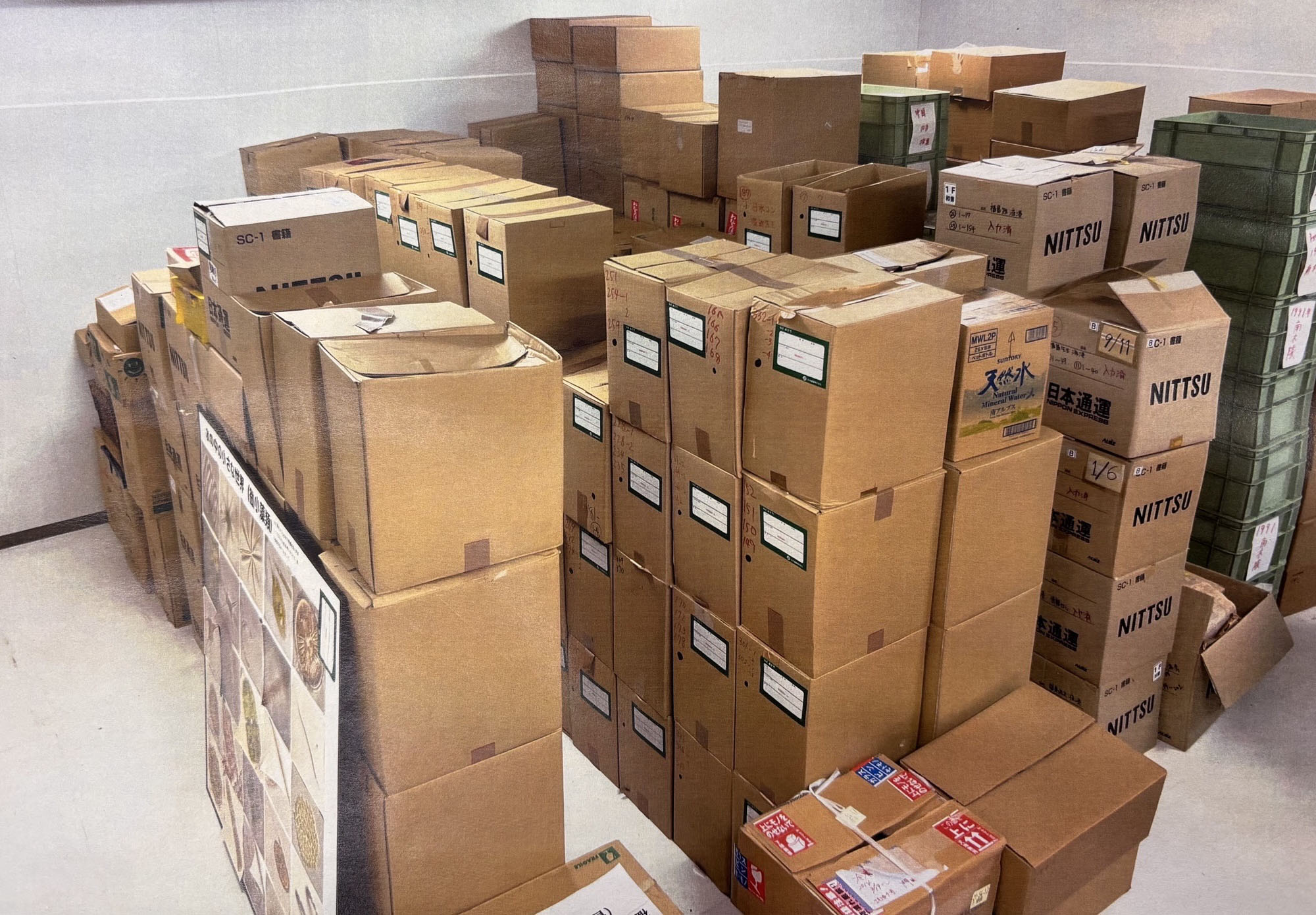 倉庫に積まれている標本が入った段ボール箱