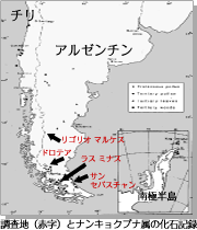 調査地(赤字)とナンキョクブナ属の化石記録